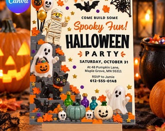 Building Block Halloween Celebration Invitation: Editable Canva Template, Spooky Toy Party, Mummy, Ghost, Invite