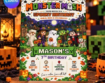 Pixel Halloween Birthday Invitation: Editable Canva Template, Block Game Monster Mash Party, Spooky Invite