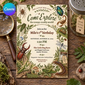 Puede incluir: Una tarjeta de invitación de cumpleaños rectangular con ilustraciones de varios insectos, arañas y plantas. El texto dice: The Little Bug Club Come Explore the creepy-crawly world! Join us for Milo's 7th birthday, Saturday, October 18, 2025, 1:30 PM, The Little Bug Barn, 456 Wiggly Trail Lane, Austin, TX 78701, Bug games, tiny treats, backyard hunt, RSVP by October 4: (512) 555-0248.