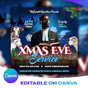 Christmas Church Flyer Template For Canva, DIY Church Flyer, Customizable Church Christmas Flyer, Christmas Service Invite for Social Media