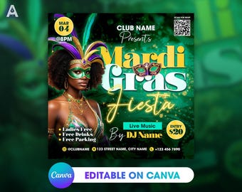 Mardi Gras Editable Party Flyer Template for Canva, DIY Event Flyer, Club Flyer, Parade Invite, DJ Party, Social Media Post, Instagram flyer