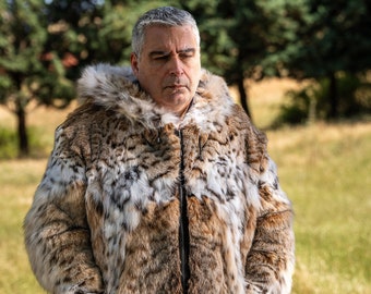 Lynx Fur Men Jacket with Hood Double Face Waterproof