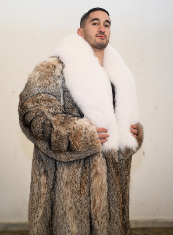 Lynx Fur Men Jacket Canadian Semi Coat With White Fox Collar Etsy