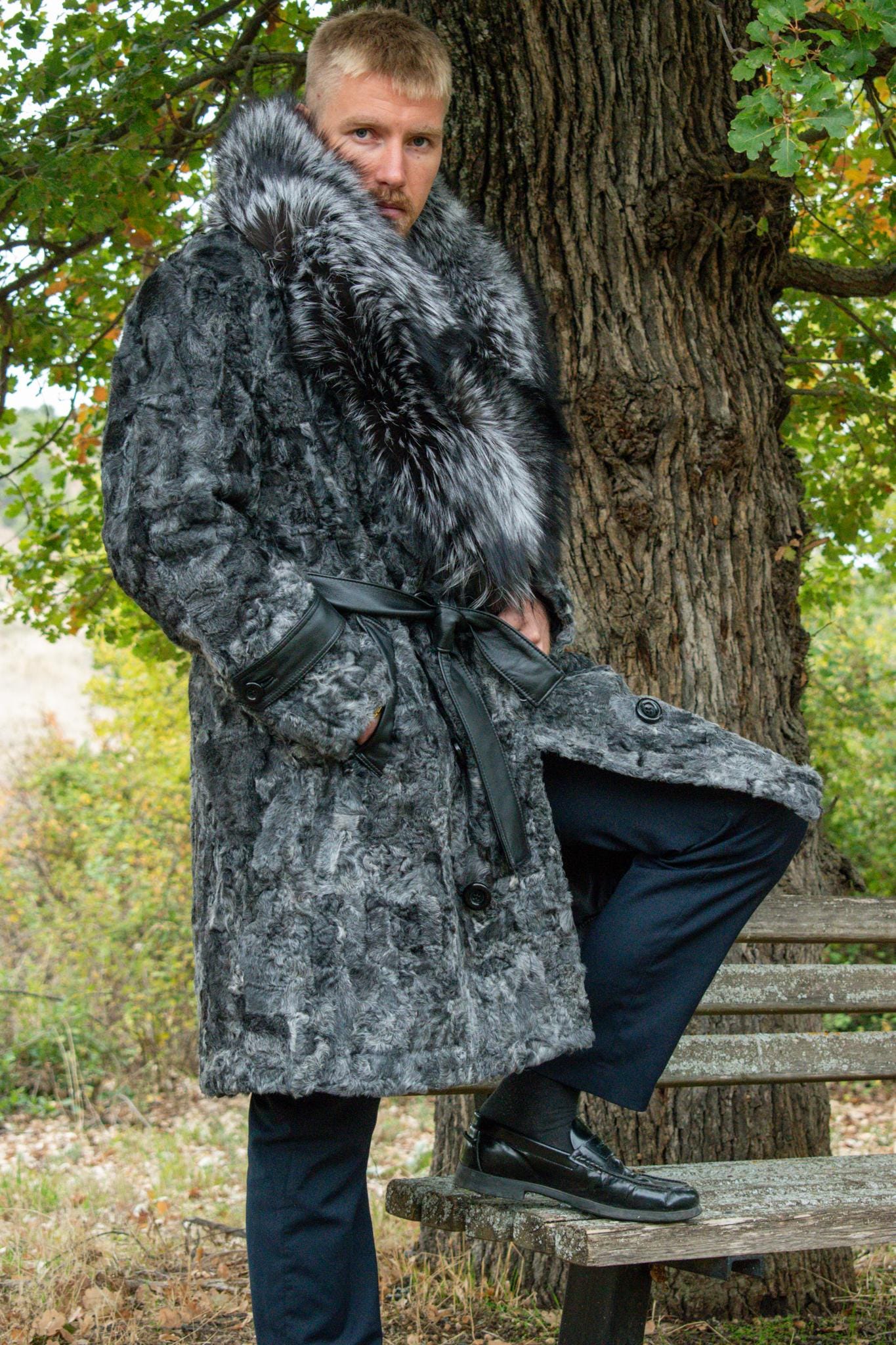 Swakara Dark Grey Fur Semi Coat With Silver Fox SAGA Collar and