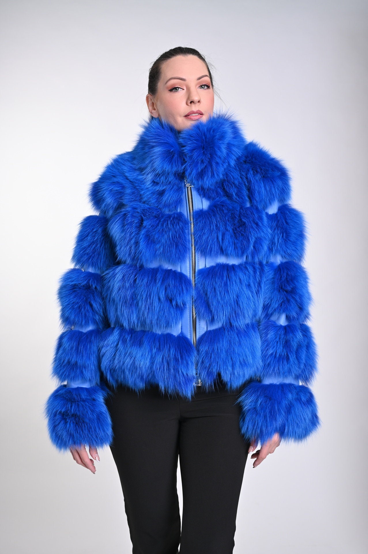 Blue Fox Fur Jacket – Luxury Designer Fur Outerwear – Bold
