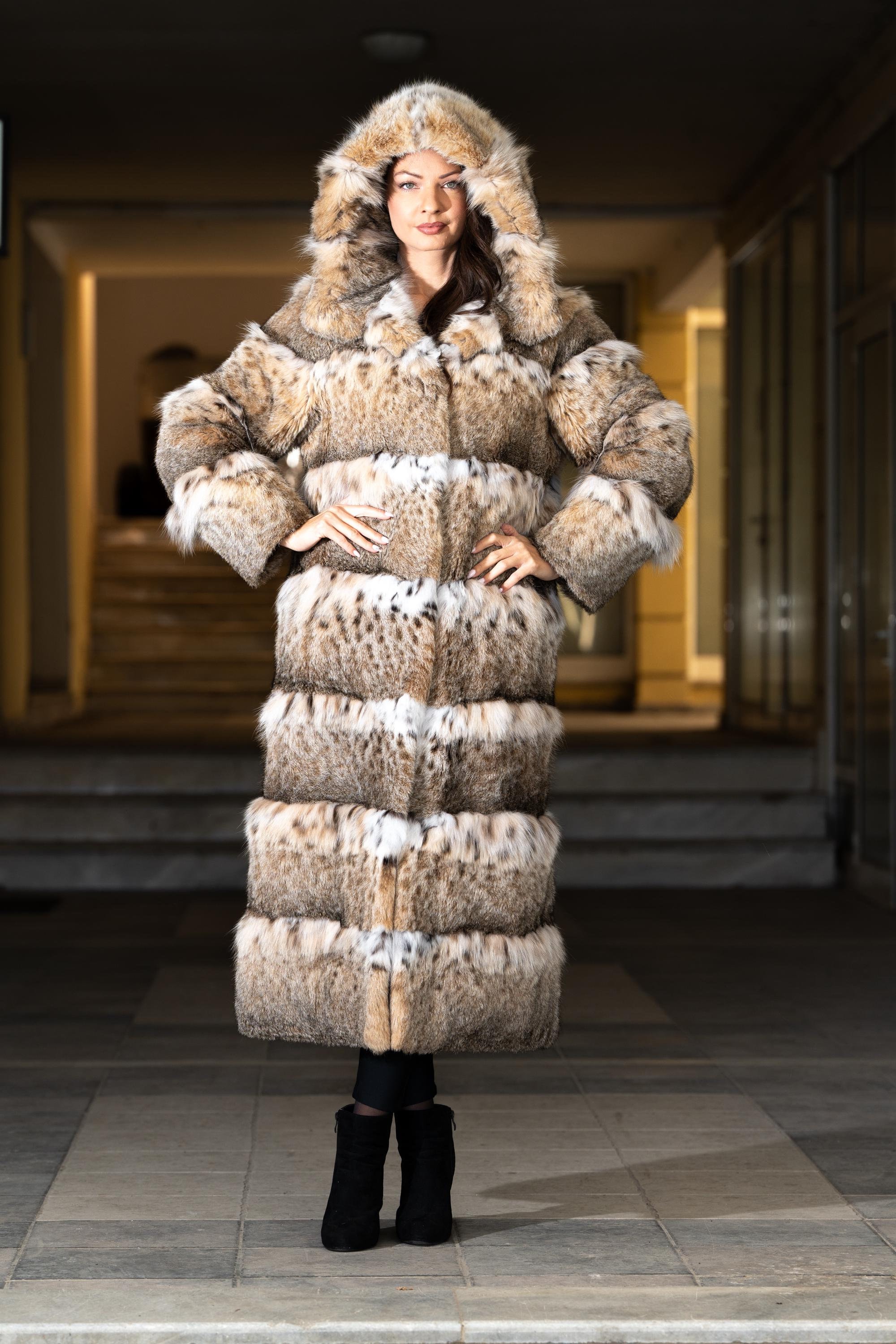 Horizontal Lynx Fur Coat With Hood – Handmade Luxury Winter Coat