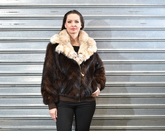 Giacca in Pelliccia di Visone Bomber Marrone 100% Vera Pelliccia