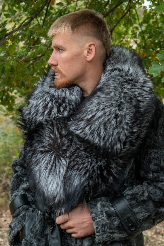 Swakara Dark Grey Fur Semi Coat With Silver Fox SAGA Collar and
