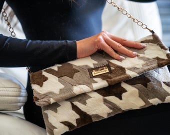 White, Grey & Brown Mink Fur Bag – Handmade Luxury Fur Bag for Women