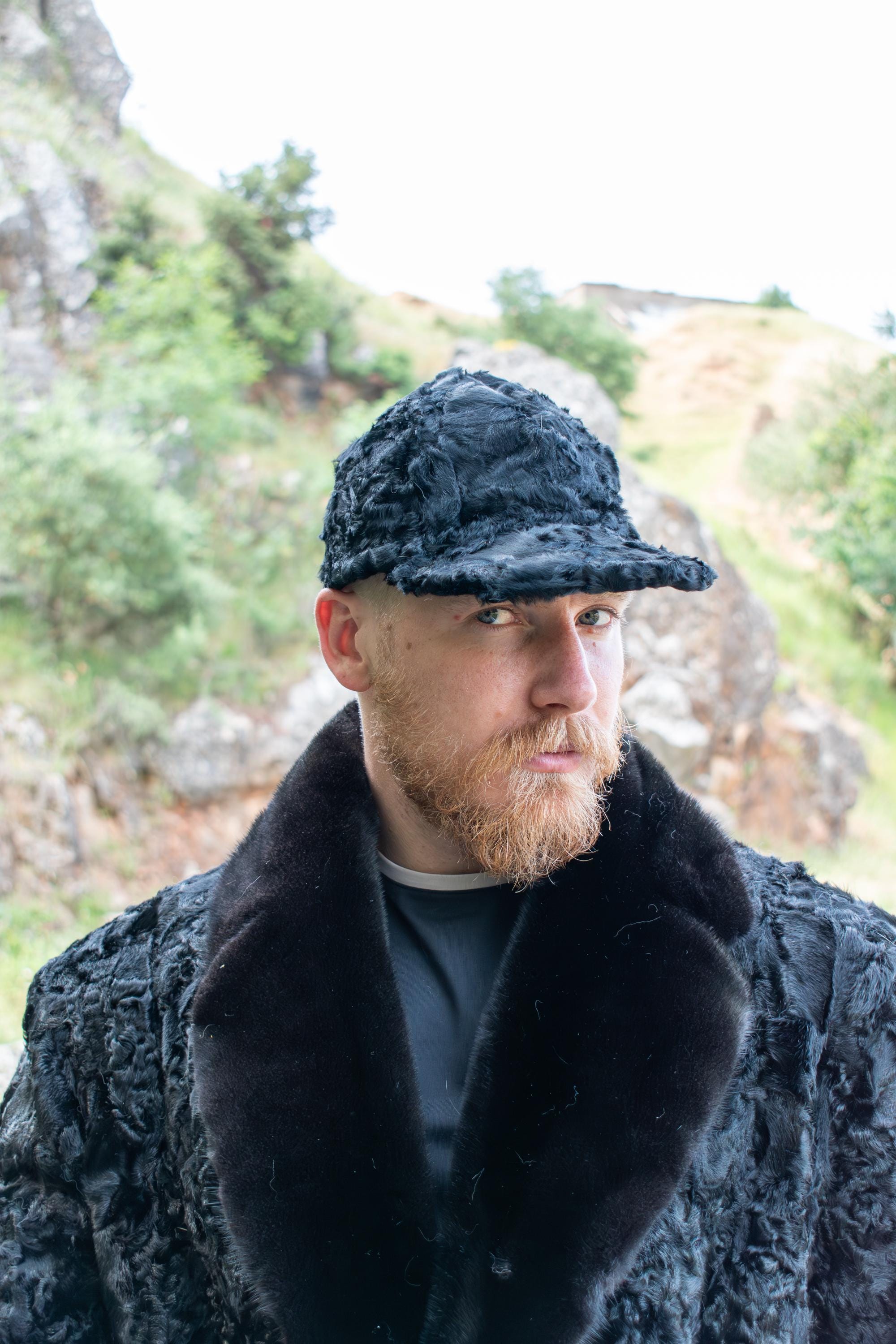 Black Men Jockey Fur Swakara Persian Hat