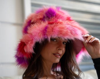 Big Bucket Hat Fox Fur Pink - Red