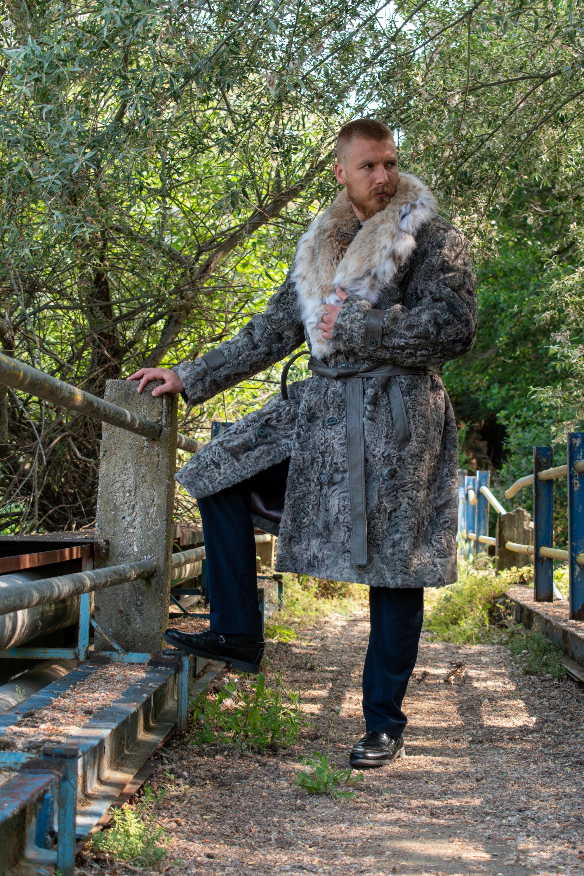 Men's Grey Swakara Fur Jacket – Lynx Fur Collar & Belt – Handmade