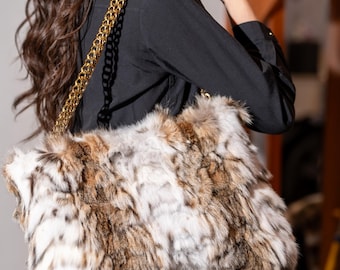 Natürliche Luchs Pelz Umschlag Clutch Tasche - Große Echtpelz Statement Geldbörse
