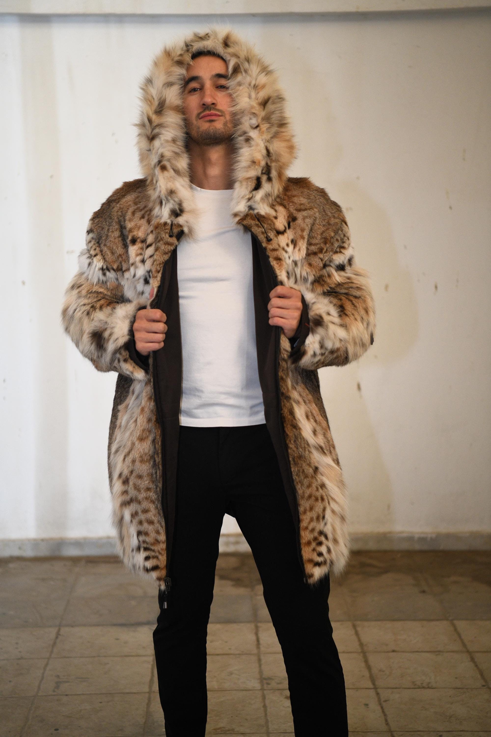 Men's Brown Double-face Lynx Fur Jacket – Waterproof Luxury Coat
