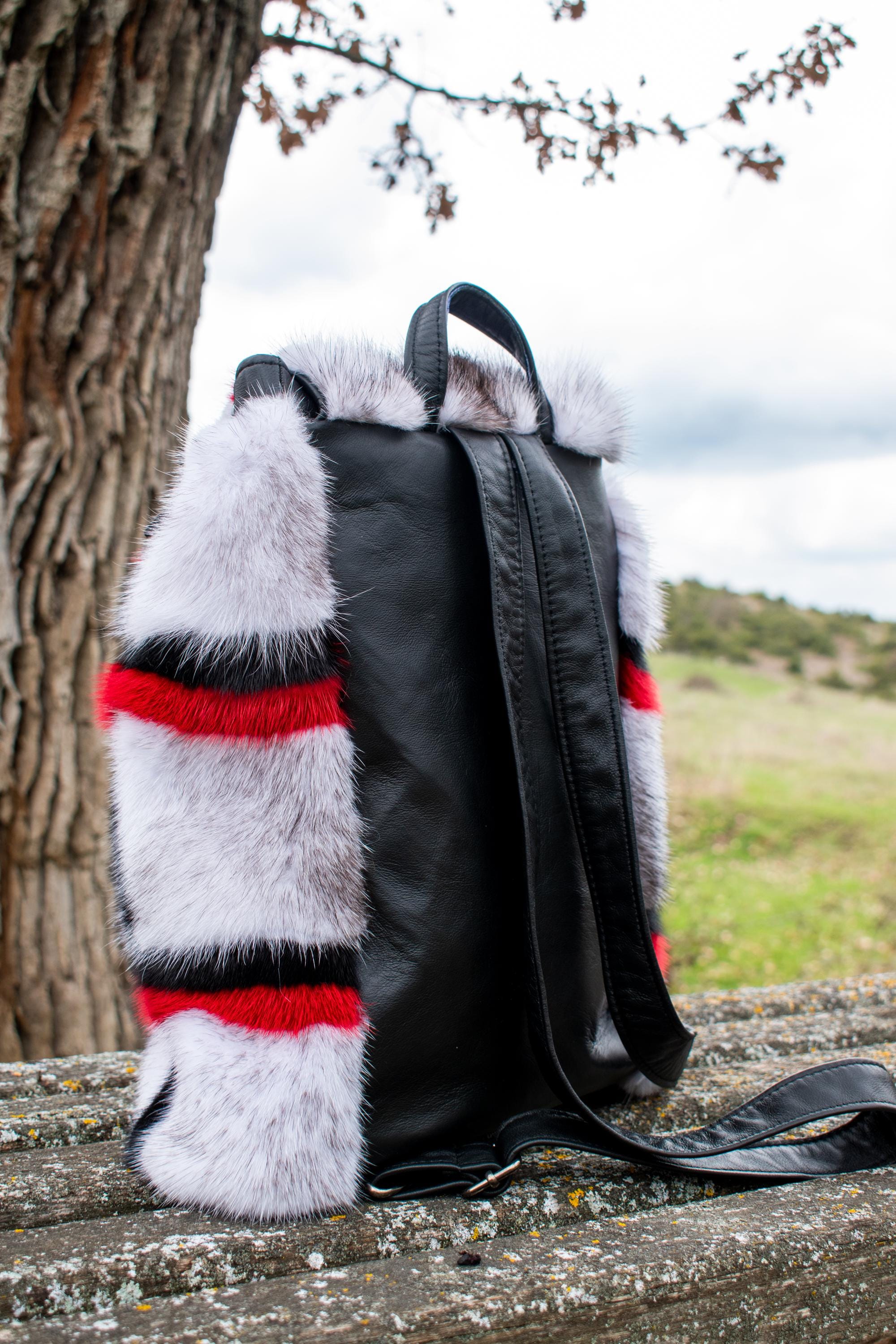 Black Cross Mink Fur Backpack With Red – Luxurious Real Fur, Bold