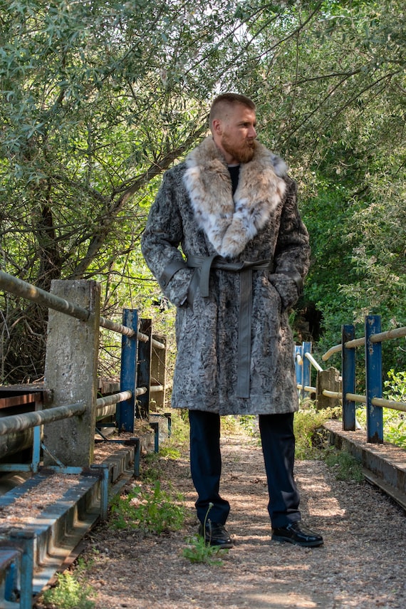 Men's Grey Swakara Fur Jacket – Lynx Fur Collar & Belt – Handmade