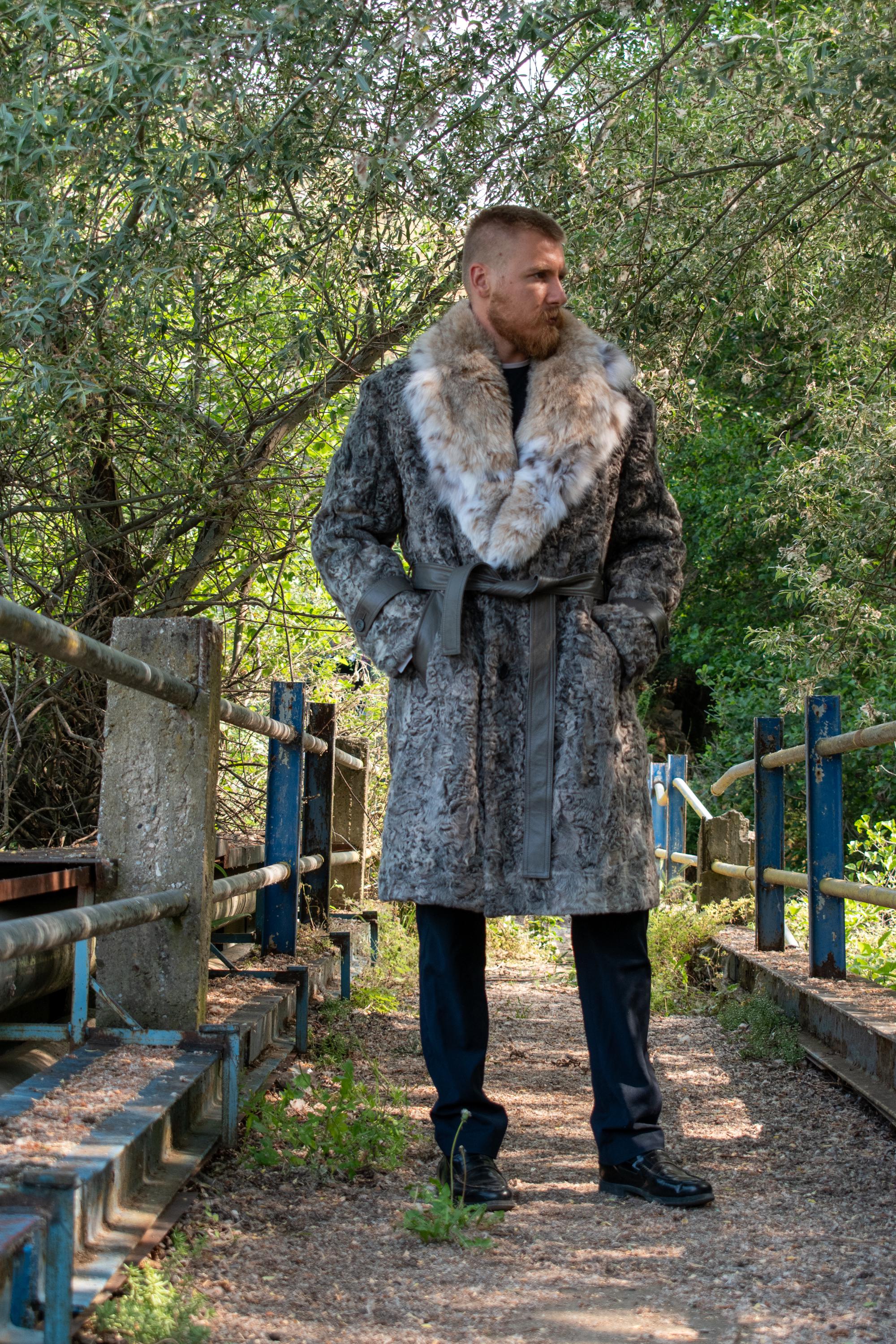Men's Grey Swakara Fur Jacket – Lynx Fur Collar & Belt – Handmade