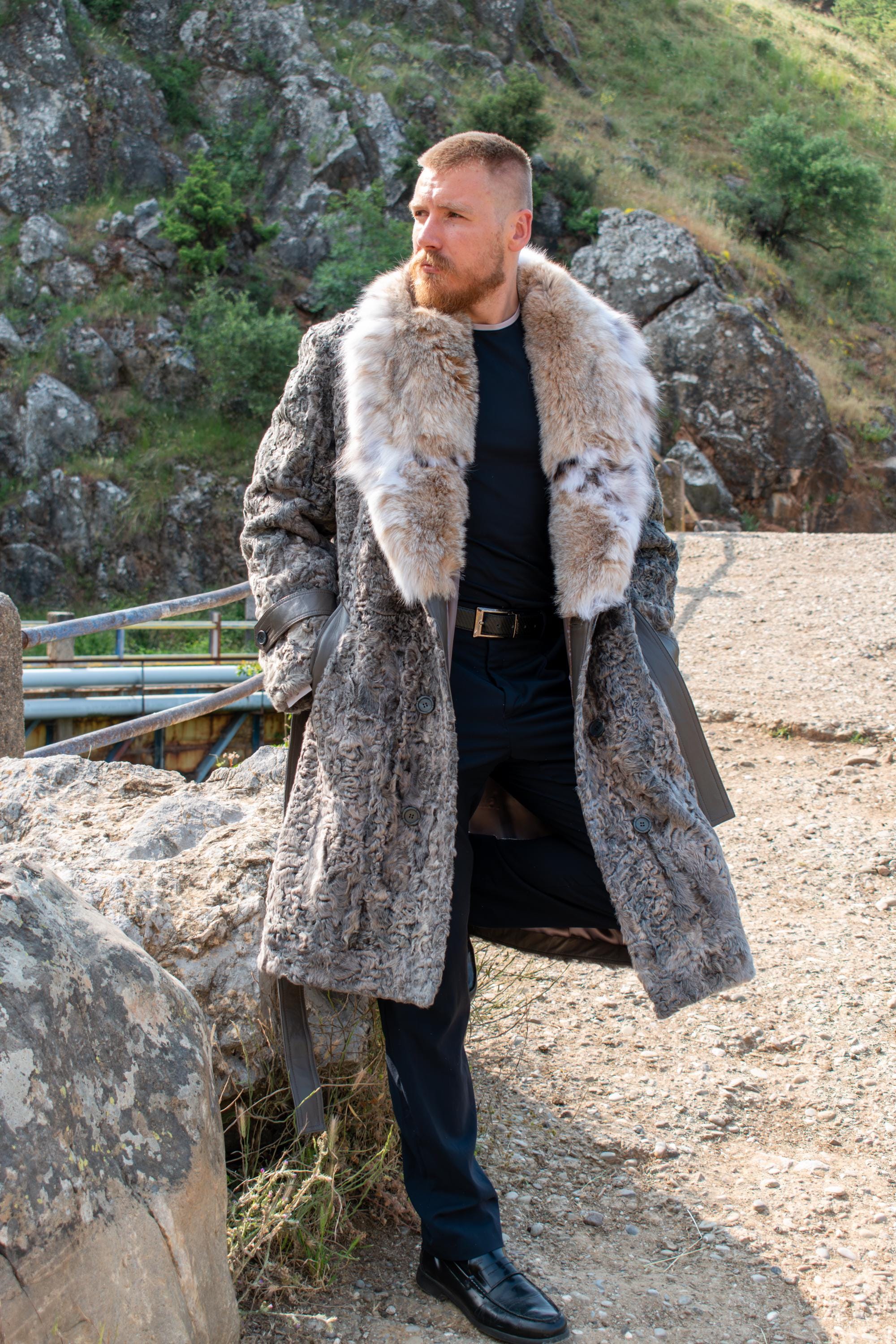 Men's Grey Swakara Fur Jacket – Lynx Fur Collar & Belt – Handmade
