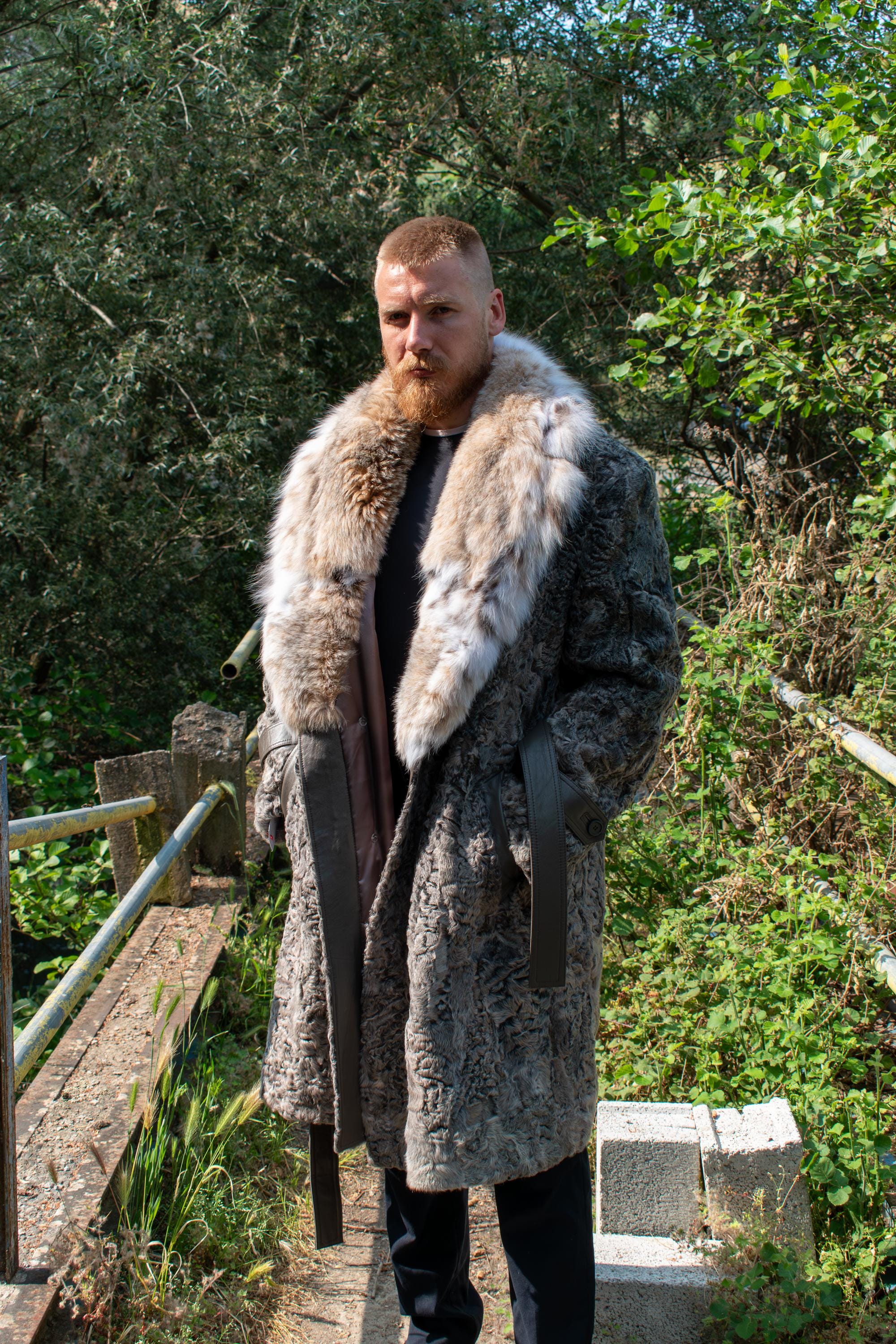 Men's Grey Swakara Fur Jacket – Lynx Fur Collar & Belt – Handmade