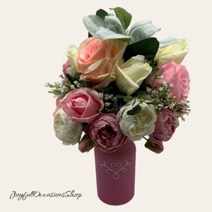 Anniversary Gift, Roses, Roses and Peonies, Pink Glass Vase, Gift for her, Valentines Day gift, Free Shipping