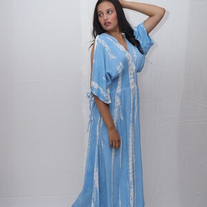 Boho Chic Tie Dye Kaftan Maxi Dress - Cold Shoulder Resort Wear for Summer, Beach Vacations, Lounging at home, or music festivals