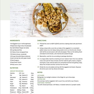 Pode incluir: Uma receita de berinjela, arroz e feij&atilde;o com um close-up do prato finalizado. A berinjela &eacute; assada e coberta com feij&atilde;o branco e arroz. A receita inclui informa&ccedil;&otilde;es nutricionais e o tamanho da por&ccedil;&atilde;o.