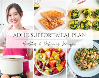 Könnte beinhalten: Eine Collage von Bildern, die gesunde und leckere Rezepte für einen ADHD-Support-Essensplan zeigen. Die Bilder zeigen eine Frau beim Kochen, einen Obstsalat, einen Kichererbsensalat und eine Quesadilla.