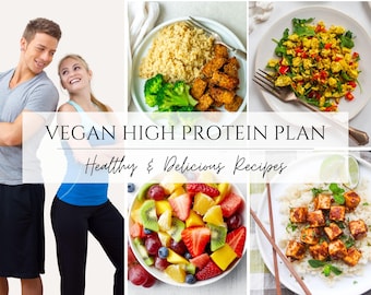 May include: A collage featuring a couple and several plates of vegan food. The text "VEGAN HIGH PROTEIN PLAN" and "Healthy & Delicious Recipes" is overlaid on the image. Dishes include tofu, fruit salad, and couscous.