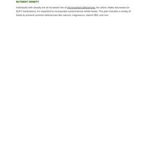 May include: Text on a white background discussing nutrient density and the importance of incorporating nutrient-dense whole foods to prevent common deficiencies like calcium, magnesium, vitamin B12, and iron. The text also mentions that individuals with obesity are at increased risk of micronutrient deficiencies.