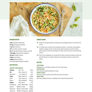 May include: A bowl of chickpea and spinach pasta salad with cottage cheese, cucumbers, bell peppers, and hemp seeds. The salad is served on a wooden table. The recipe is for 2 servings and takes 55 minutes to prepare.
