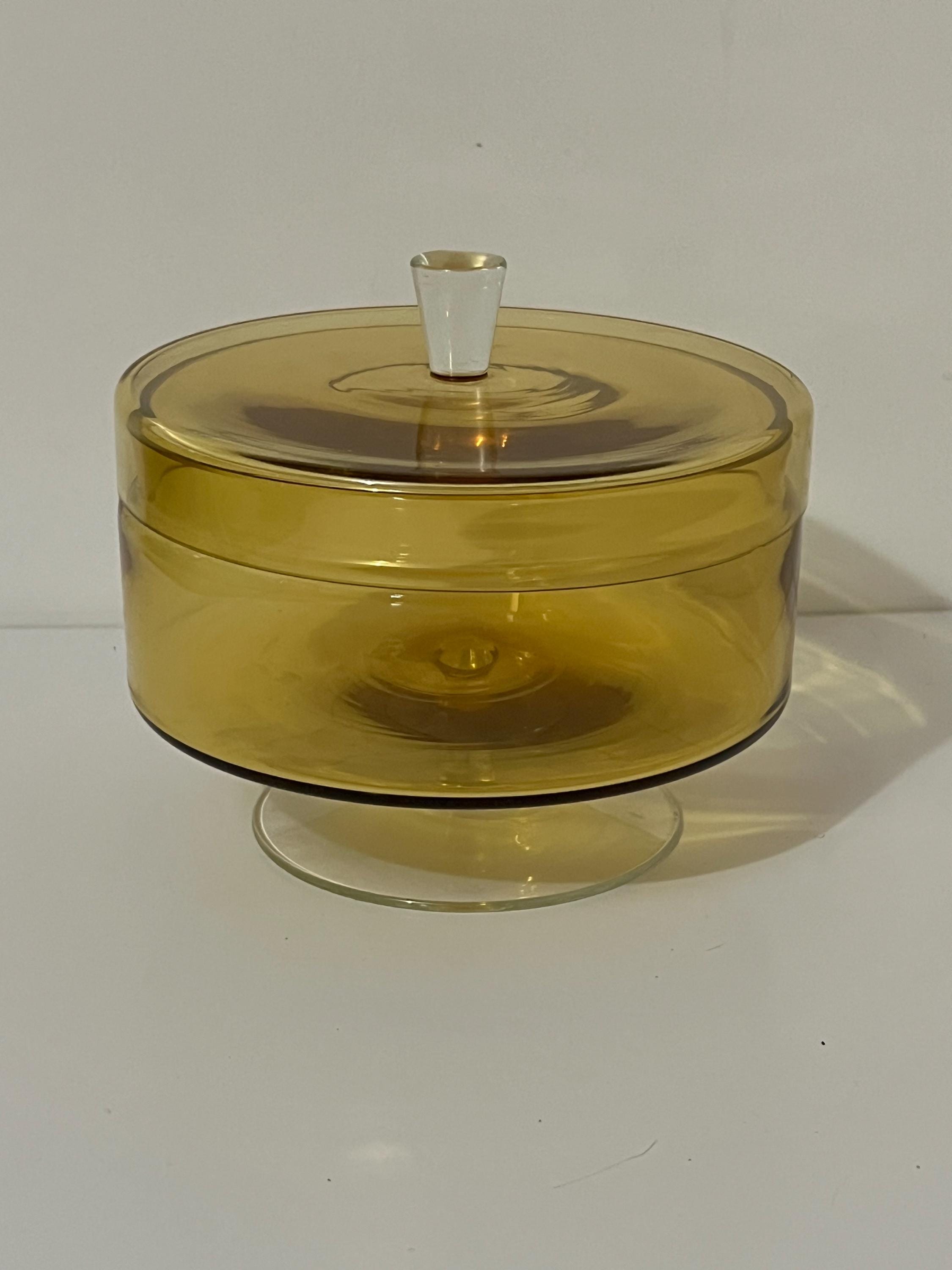 ヴィンテージの琥珀色と透明ガラスの丸い蓋付きボックス、60年代頃
