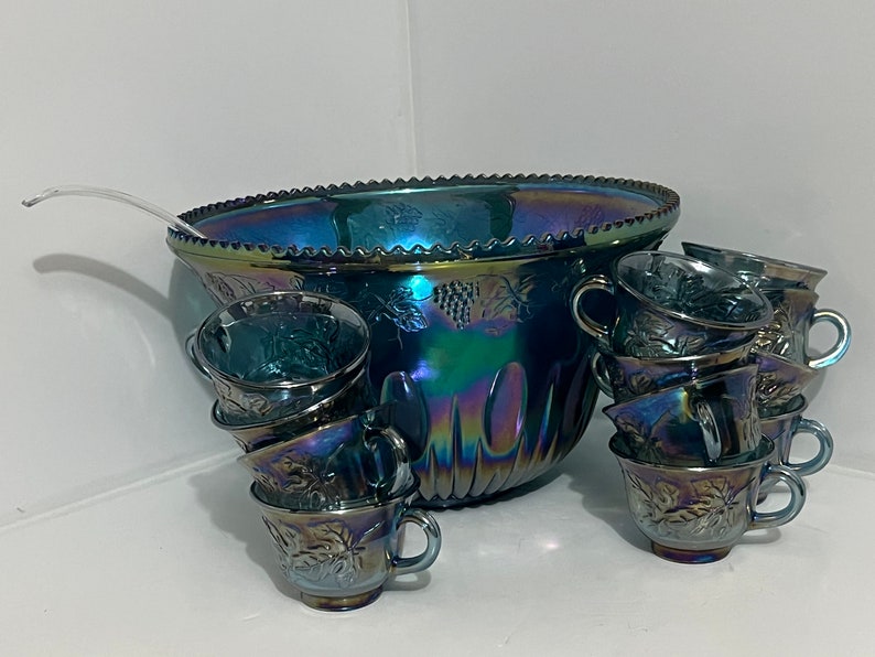 Vintage Iridescent Blue Carnival Glass Punch Bowl in Harvest Pattern