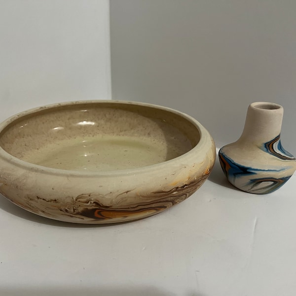 Vintage Nemadji Pottery Cactus Dish and Small Vase