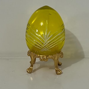 Vintage Cut Glass Yellow Egg with Brass Stand