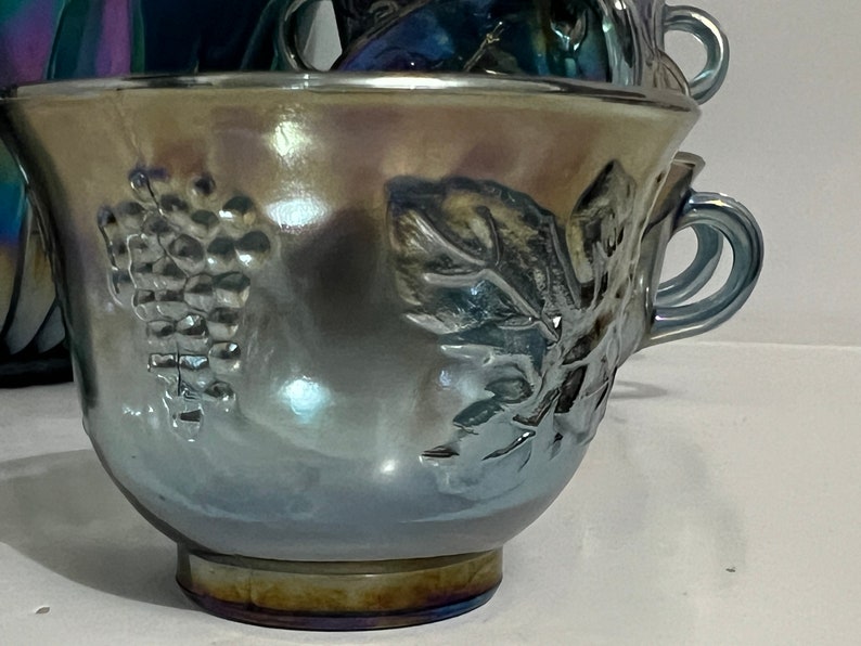 Vintage Iridescent Blue Carnival Glass Punch Bowl in Harvest Pattern