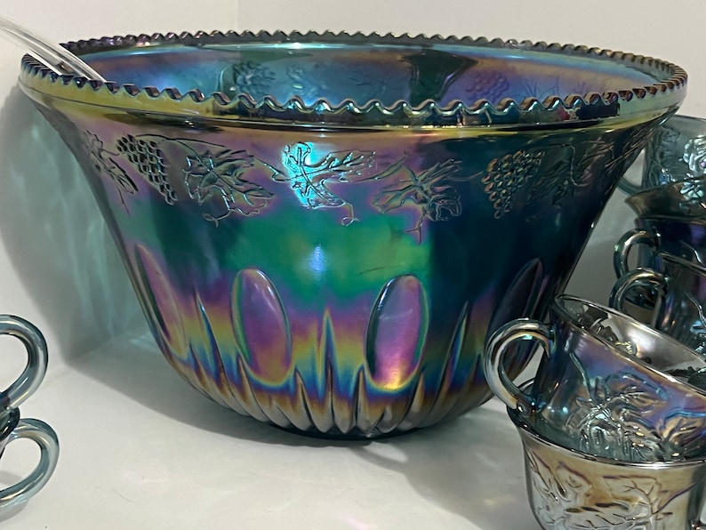 Vintage Iridescent Blue Carnival Glass Punch Bowl in Harvest Pattern