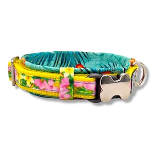 Designer Dog collar padded & adjustable, 20mm / 25mm, for small dogs, personalized with name, yellow, flowers, softshell, &quot;Summer Love&quot;
