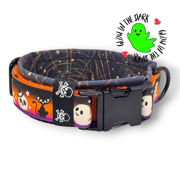 Hundehalsband gepolstert, 30mm breit, Halloween, weich, schwarz, orange, verstellbares Halsband, "Too Cute To Spook I"  GLOW in the Dark