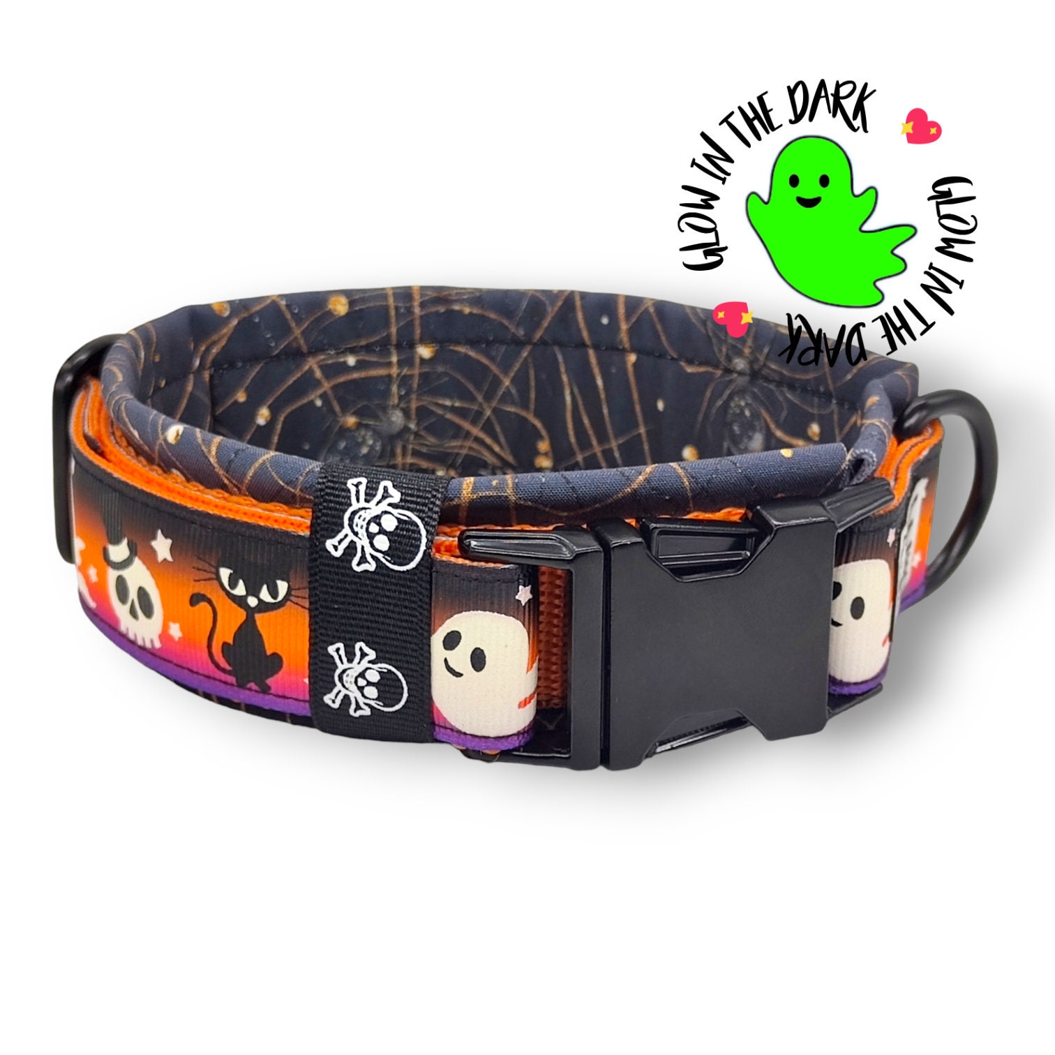 Dog collar, padded, 30mm width, Halloween, soft, black, orange, adjustable "Too Cute to Spook I" Glow in the dark