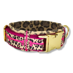 Dog collar, padded, adjustable, leo print, gold, can be personalized with name, 30mm width, different sizes, "Pink Leo Love II"