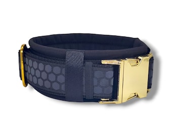 Reflective dog collar, padded and adjustable, 30/40/50mm wide, designer dog collar, puppy collar, large dogs, "Black & Gold"