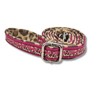 Infinitely adjustable dog lead, 20mm wide, very light, padded, for small dogs, various lengths, leopard, pink, "Pink Leo Love I"