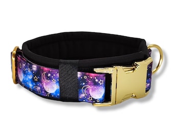 Hundehalsband gepolstert & verstellbar, mit Namen personalisiert, schwarz, gold, 40mm breit, Halsband breit, gold, "Infinity III"