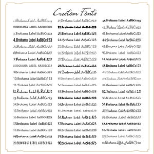 May include: A list of 60 custom fonts, numbered 1 through 60, with the text "Brohama Label" followed by a unique combination of letters and numbers. The fonts are displayed in a variety of styles, including cursive, script, and sans-serif.