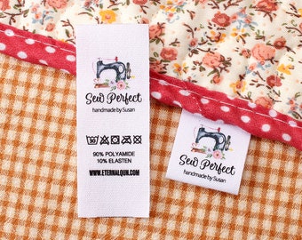 25*70mm Custom Made USA Custom sew in cotton, precut, loop fold sewingtags/labels with sewing machine graphic to add a personal touch