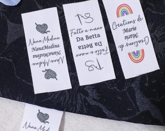 Etiquetas de algodón de 25 x 70 mm con logotipo o texto para accesorios de costura, etiquetas para artículos de punto, personalizadas, personalizadas, etiquetas hechas a mano, etiquetas de regalo.