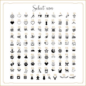 May include: A black and white image featuring 100 different icons. The icons are numbered 1 to 100. The icons cover a range of themes, including animals, nature, food, and objects.