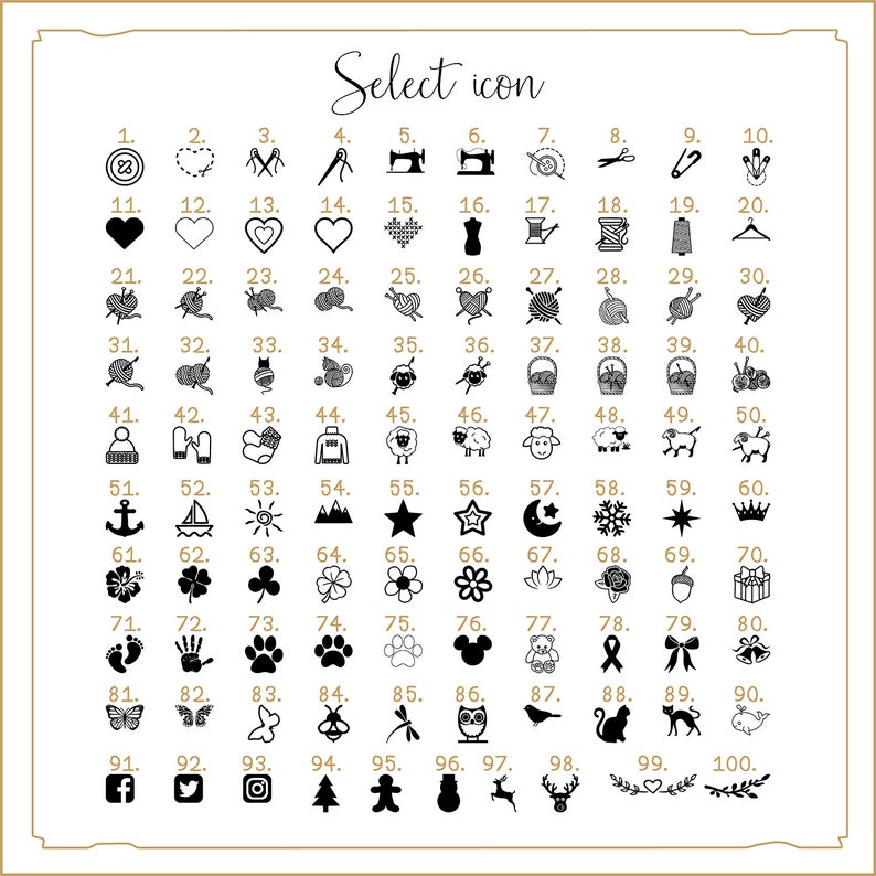 May include: A black and white image featuring 100 different icons. The icons are numbered 1 to 100. The icons cover a range of themes, including animals, nature, food, and objects.