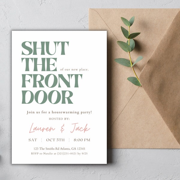 Housewarming Invitation, Housewarming Party Invite, Moving Announcement, Dinner Party Postcard, Shut The Front Door, Editable on Canva