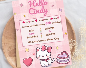 Editable Kitty Birthday Party invitation Kitty And Friend Invitation Kwai Party Editable Birthday Invitation Canva Birthday Invitation RA005